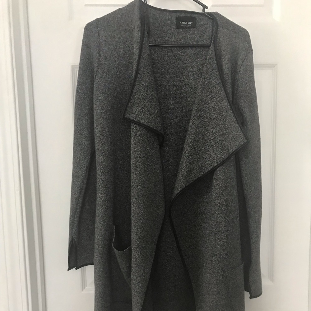 Zara Knit Thick Draped Flowing Faux Leather Trim Open Sweater Coat Size S